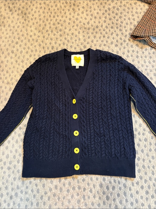 Kerri Rosenthal Sweaters - Kerri Rosenthal Heart-Label Navy Cable-Knit Cardigan with Yellow Buttons